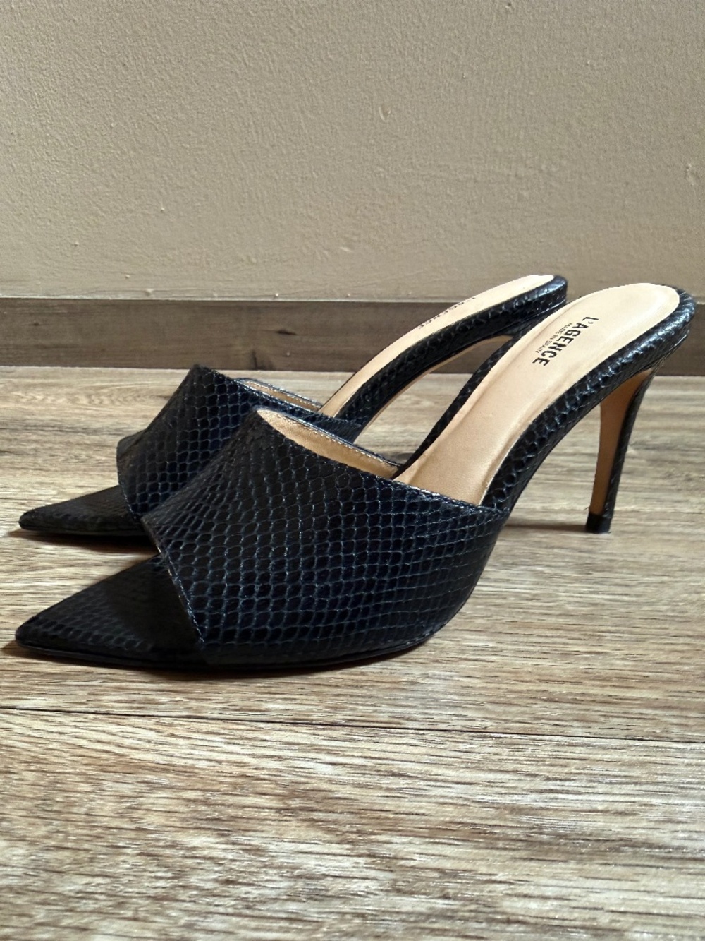 l’agency Lolita black mule snake embossed leather Sz 38.5 Made In Spain